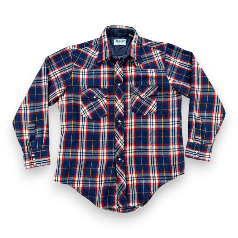 Vintage Western Shirt Adult LARGE Blue Red Plaid Acrylic Pearl Snap Workwear 70s